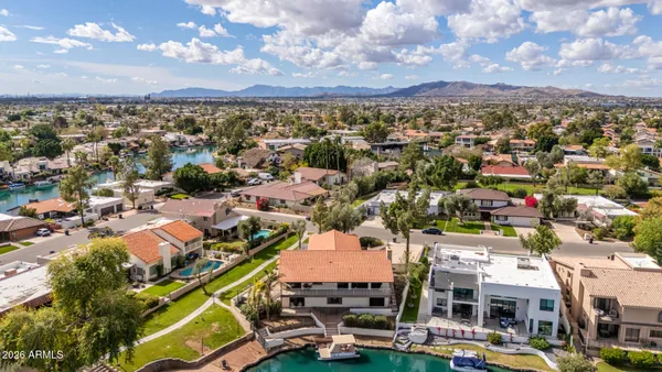 a view of a lake in middle of the town