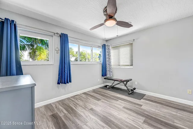 a view of backyard with a barn and large trees