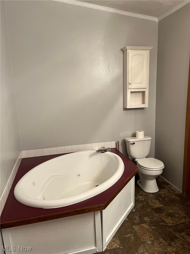37604 Eagleton Road Lisbon, OH 44432 - Photo 24 of 50 Bathroom featuring crown molding, a bathtub, toilet, and vinyl flooring