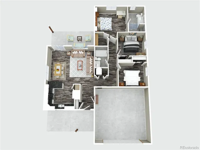 a view of a kitchen with kitchen island a sink wooden floor and a large window