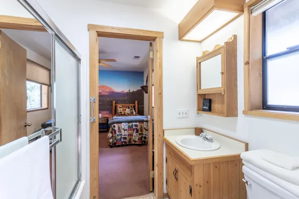 a bathroom with a sink a toilet and a mirror