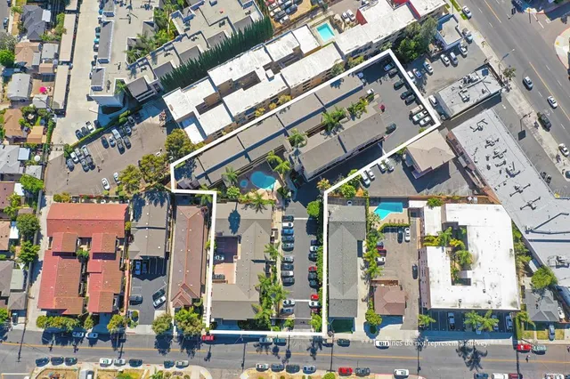 an aerial view of a building with street view