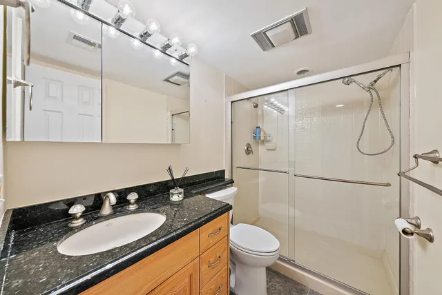 a bathroom with a sink vanity granite toilet and shower