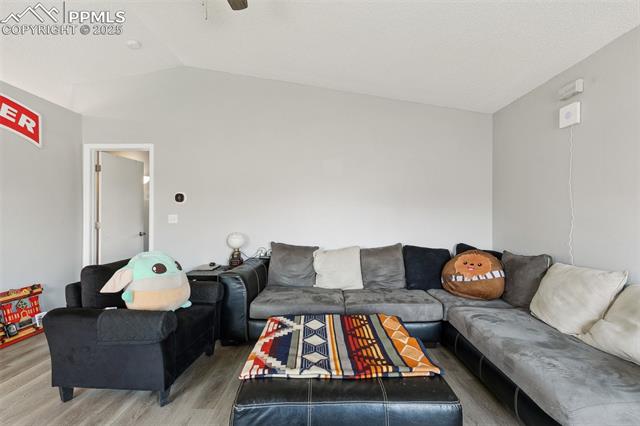 609 Wheat Field Road Fountain, CO 80817 - Photo 5 of 29 Living room with light wood-style flooring, vaulted ceiling, and ceiling fan