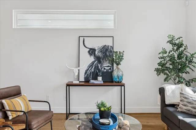 a living room with furniture and a potted plant
