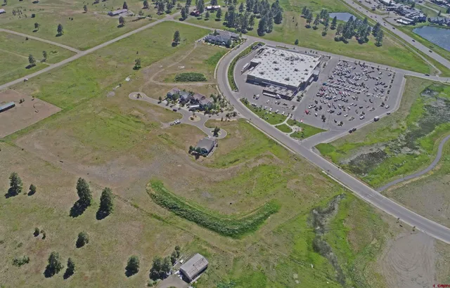 an aerial view of a swimming pool