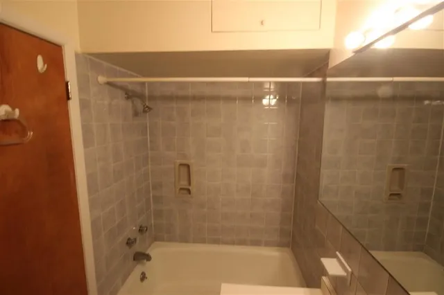 a bathroom with a bathtub and shower
