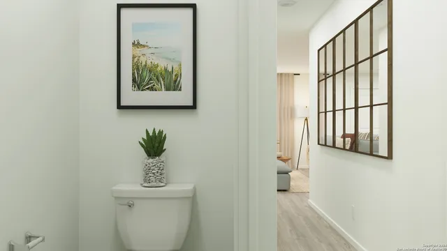 an entryway with wooden floor and a potted plant