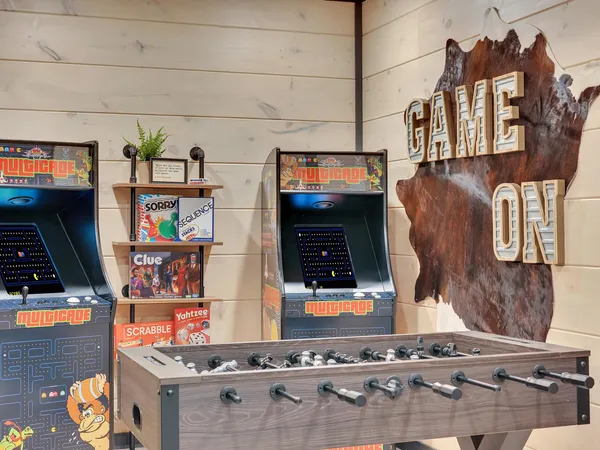 a living room with lots of furniture and a chandelier