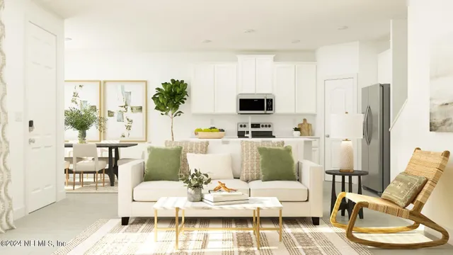 a living room with furniture a flat screen tv and a large window