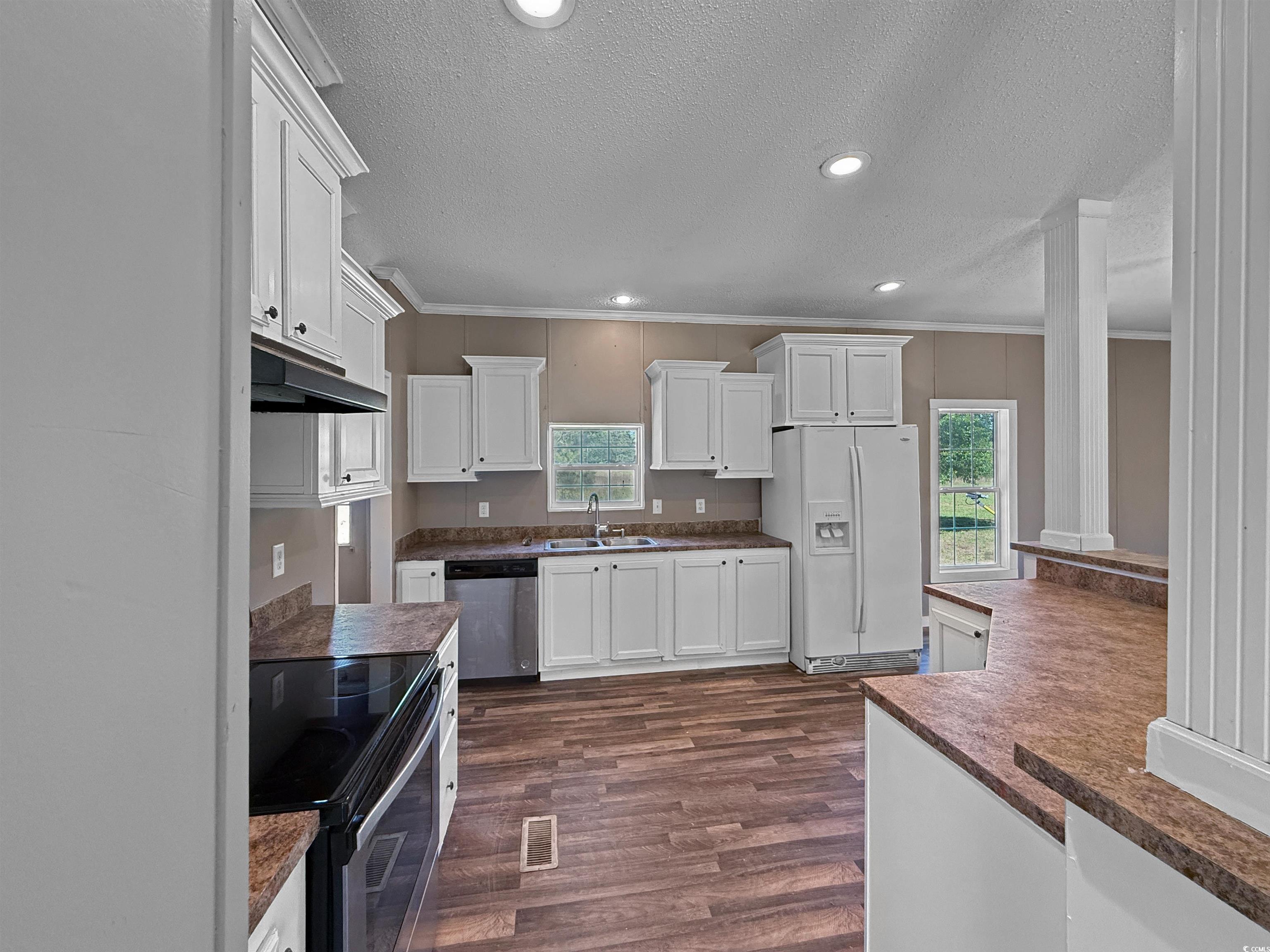 111 Morrisville Road Andrews, SC 29510 - Photo 11 of 28 Kitchen with visible vents, a sink, appliances with stainless steel finishes, under cabinet range hood, and dark wood-type flooring