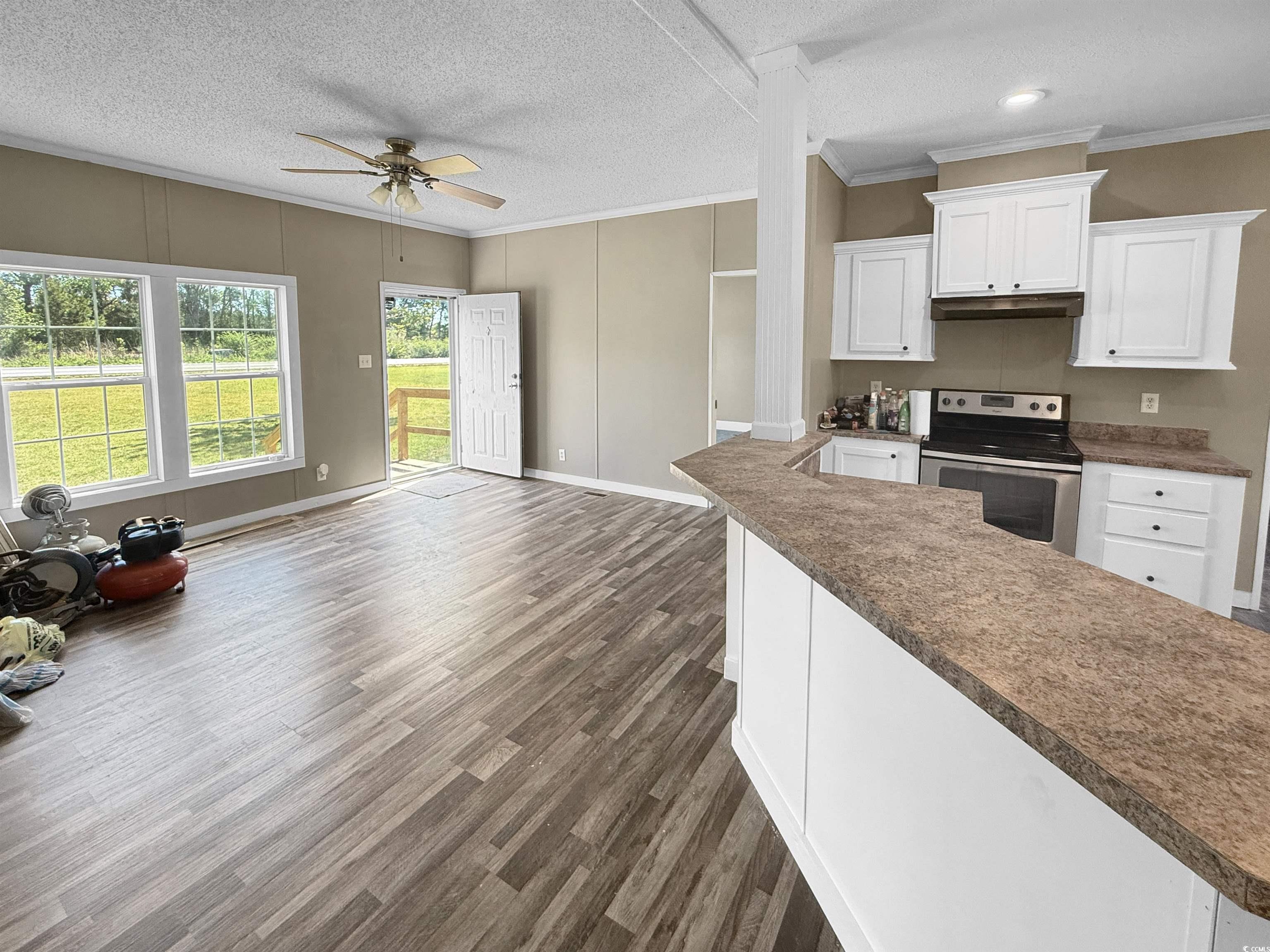111 Morrisville Road Andrews, SC 29510 - Photo 14 of 28 Kitchen with ornamental molding, dark wood-style floors, stainless steel range with electric stovetop, under cabinet range hood, and ceiling fan