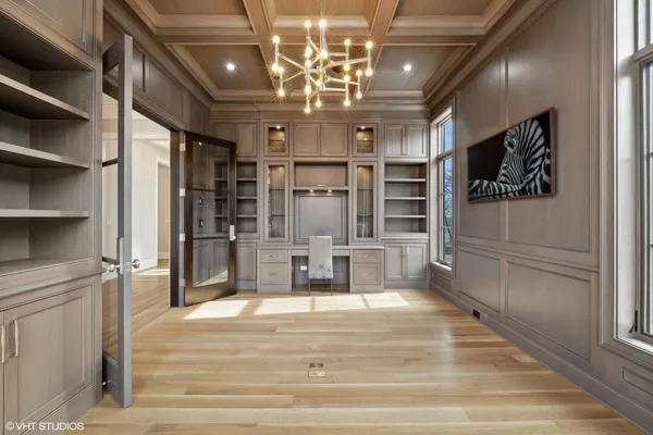 a view of a livingroom with shelves