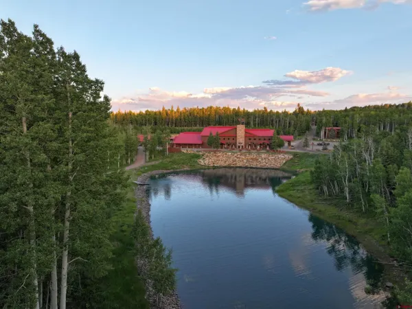 a view of a lake in middle of the town