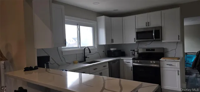 a kitchen with a sink a stove a microwave and wooden cabinets
