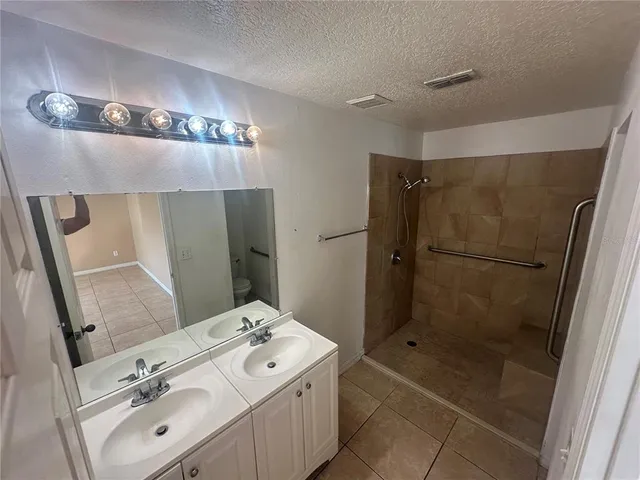 a bathroom with a sink mirror and shower