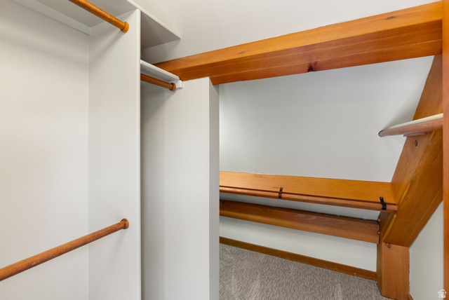 435 Canyon Road Millville, UT 84326 - Photo 34 of 113 Custom closet system featuring white built-in shelving, wood-finish hanging rods, and carpet flooring