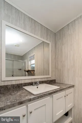 a bathroom with a sink and a mirror