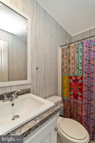 a bathroom with a sink a toilet and shower curtain