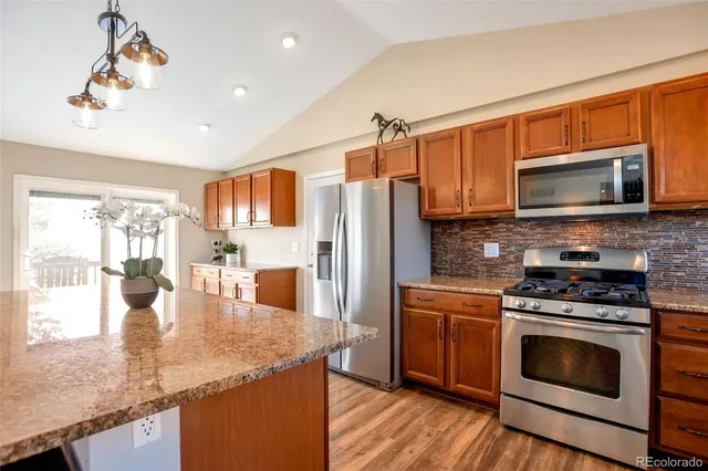 a kitchen with stainless steel appliances granite countertop a stove a sink dishwasher a microwave oven with granite countertops and cabinets