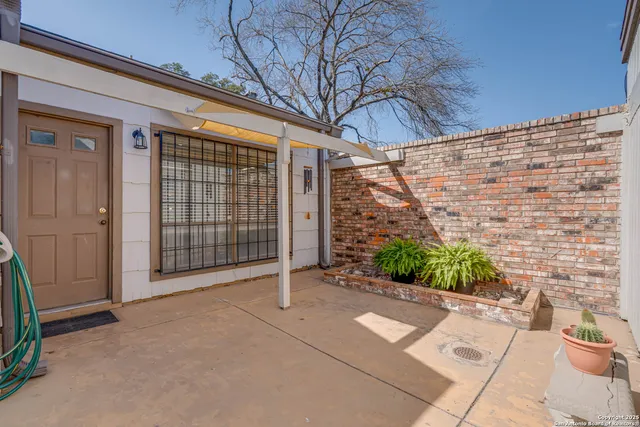 a view of a backyard with brick wall and potted plants