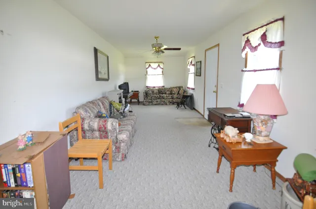 a living room with furniture and a lamp