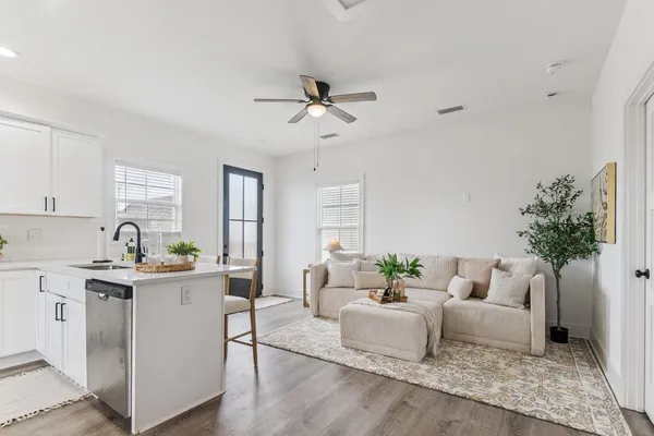 a living room with furniture and a potted plant