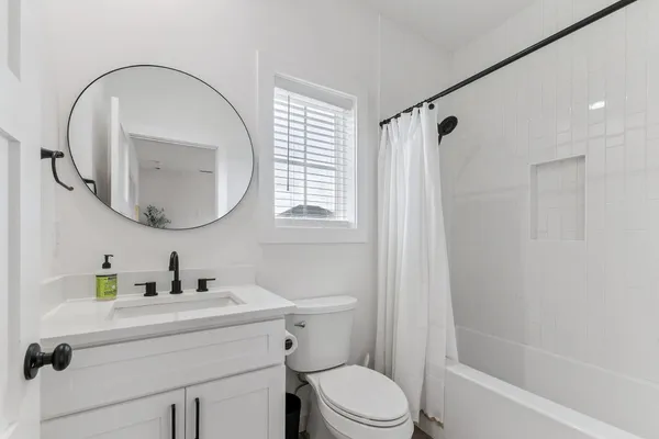a bathroom with a sink a mirror a toilet and a shower