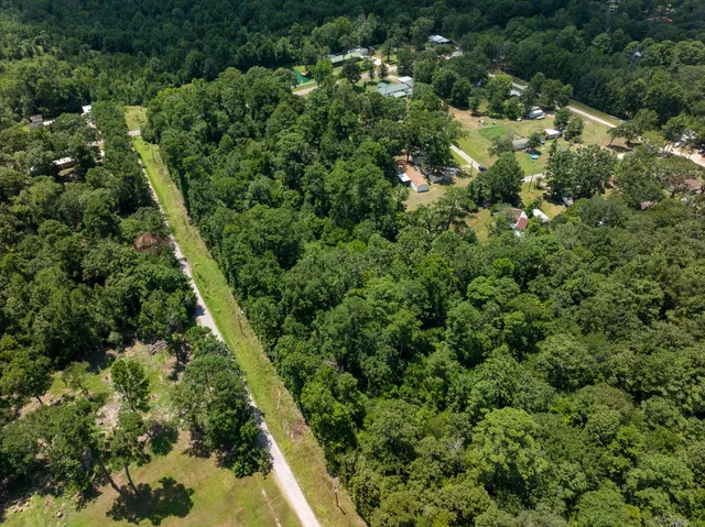 an aerial view of residential houses with outdoor space and trees