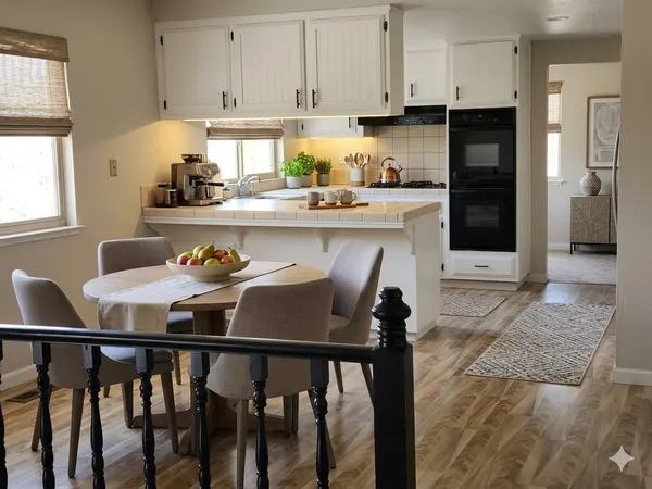 a kitchen with stainless steel appliances kitchen island granite countertop a refrigerator a stove a sink and white cabinets with wooden floor