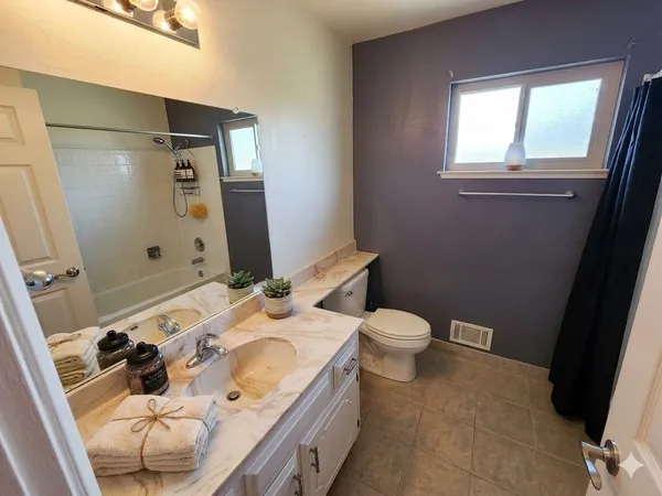 a bathroom with a granite countertop sink toilet and shower