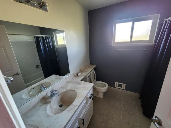 a bathroom with a sink a toilet and mirror