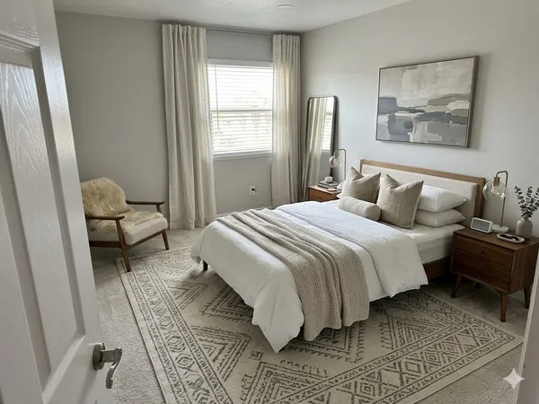 a bedroom with a bed and a couch