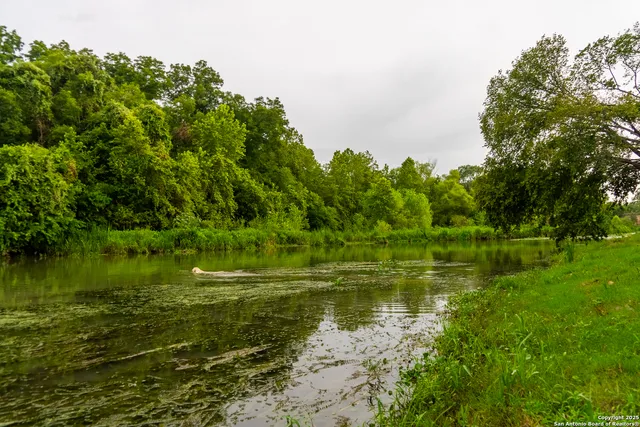 a view of a lake with a yard