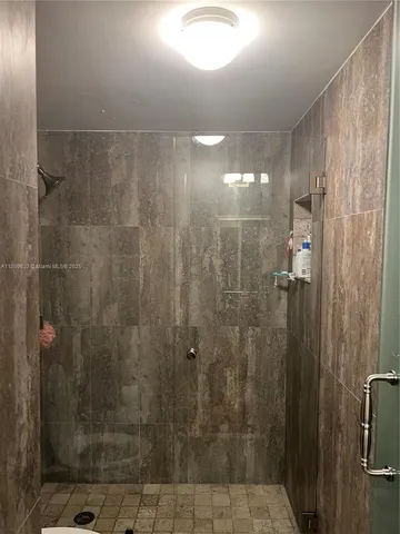 a bathroom with a shower and a toilet