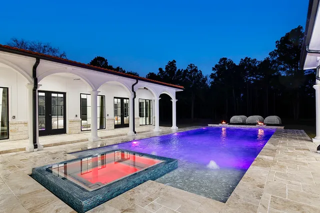 a view of swimming pool with outdoor seating and a potted plant
