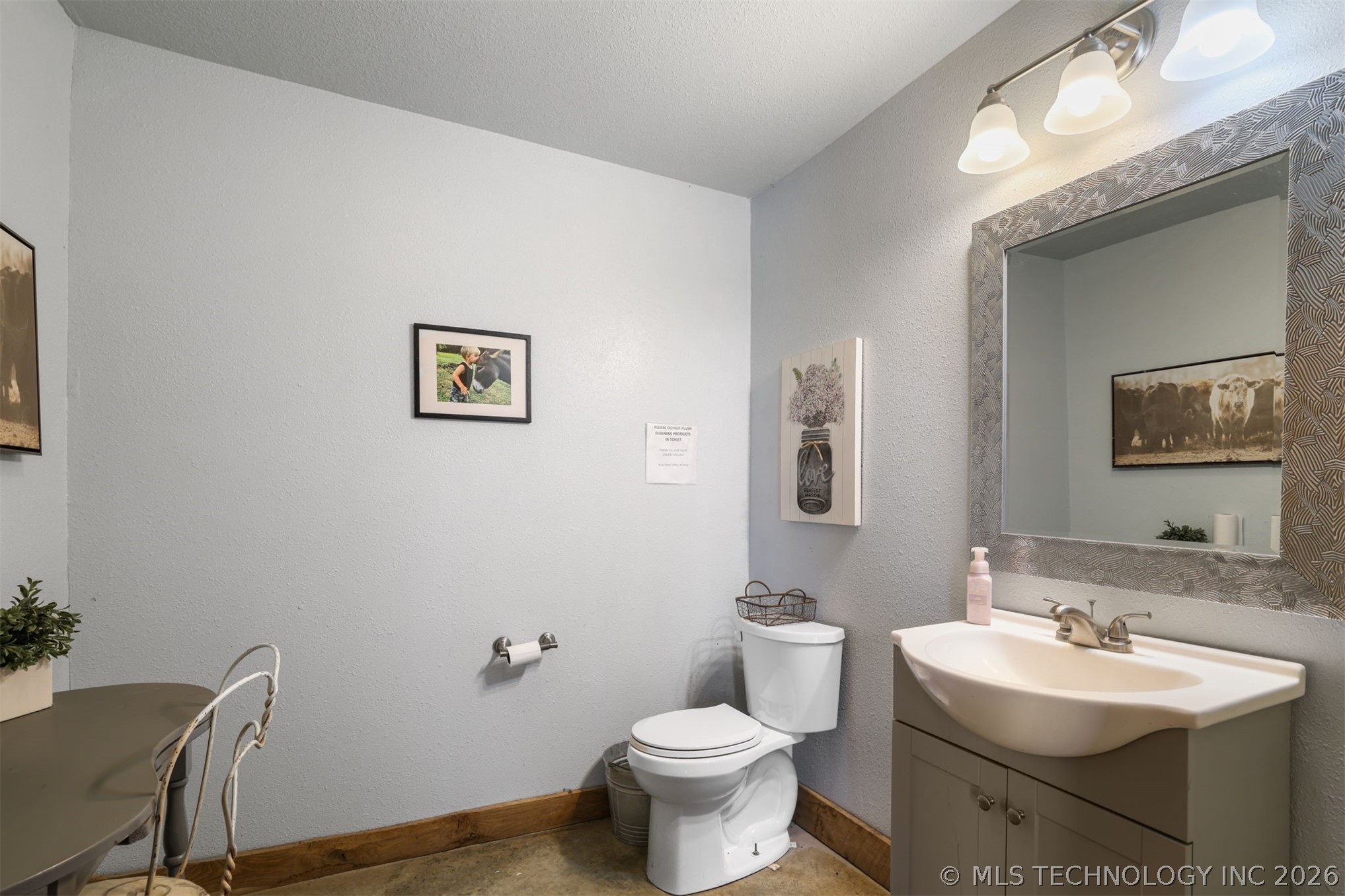 3565 Sawmill Road Caddo, OK 74729 - Photo 10 of 32 Vanity with integrated sink, framed mirror with patterned detailing, three-light vanity fixture, and a toilet