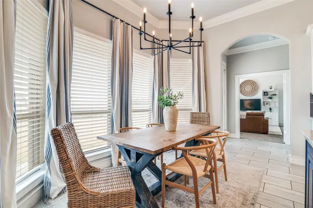 a view of a dining room with furniture and window