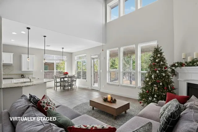 a living room with furniture potted plant and a large window