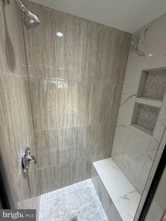 a bathroom with a shower and a toilet
