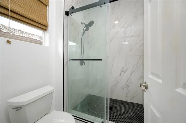 a bathroom with a shower and toilet