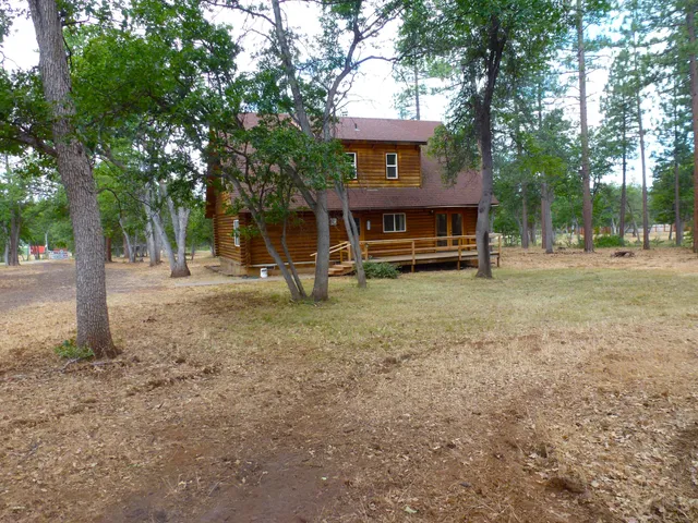 a view of a house with backyard and a tree