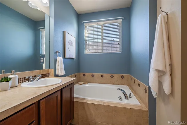 a bathroom with a tub sink and mirror
