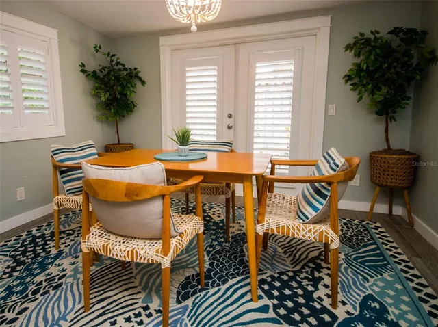 a view of a dining room with furniture