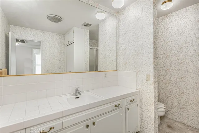 a bathroom with a sink a toilet and a mirror