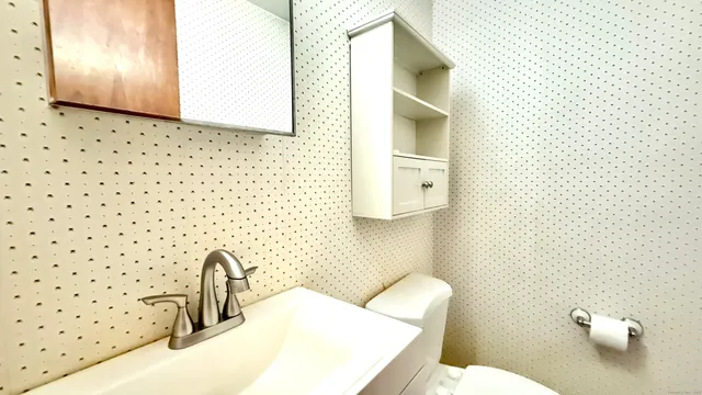 a bathroom with a sink a toilet and mirror