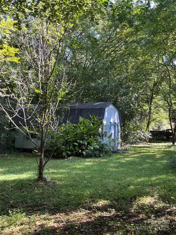 a view of a big yard with plants and large trees