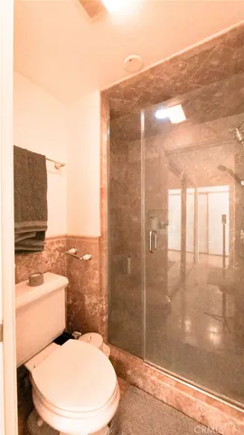 a bathroom with a toilet and a shower