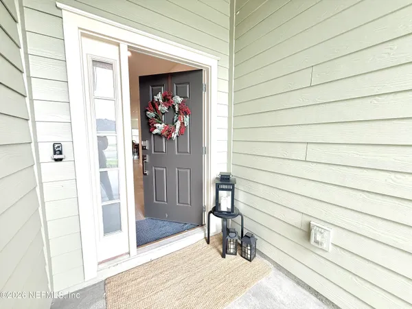 a close view of a bench in front of door