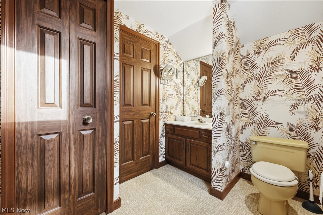 7014 River Styx Road Medina, OH 44256 - Photo 30 of 50 Bathroom with vanity, wallpapered walls, and light carpet